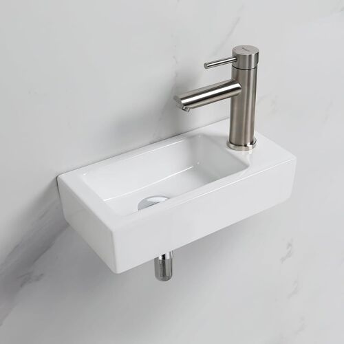 SUBZONAL-M41102-R, Lavabo Lave Main Blanc Rectangulaire en Céramique Suspendu pour Salle de Bains et WC