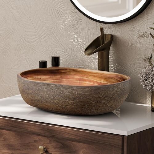 SUBZONAL-Vasque à Poser Salle de Bain Ovale 48cm, Lavabo Salle de Bain Finition Métal Industriel et Bois Brûlé, Évier en Céramique Haut de Gamme Durable, Marron Métallique (48x34x13.5cm)