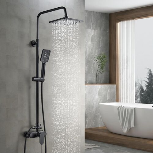 SUBZONAL-Colonne de Douche Noir avec Mitigeur Monocommande, Hauteur Réglable Ensemble de Douche avec Douchette, Pommeau de Douche et Barre de Douche, Systeme de Douche Pluie pour Salle de Bain