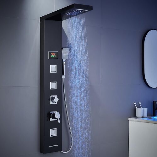 SUBZONAL-Tower Panneau de douche avec mitigeur, colonne de douche 5 fonctions avec affichage LED de la température, pluie et cascade, jets de massage, douchette à main et bec de bain, panneau de