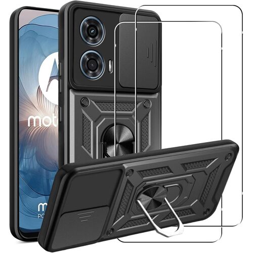 SUBZONAL-Coque pour Motorola Moto E14/G04/G24/G24 Power avec Verre Trempé2 pièce, Téléphone en 3D, Support Pivotant à 360°, Coque de Protection Résistante aux Rayures avec Rabat Coulissant, Noir