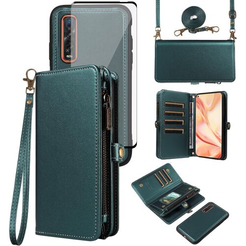 SUBZONAL-Coque pour Oppo Find X2 Pro Portefeuille avec Verre Trempé et Cordon Porte Carte Magnétique Chaine PU Cuir à Clapet Étui Housse Support X2Pro Téléphone Case Vitre Protection Femme Vert Nuit