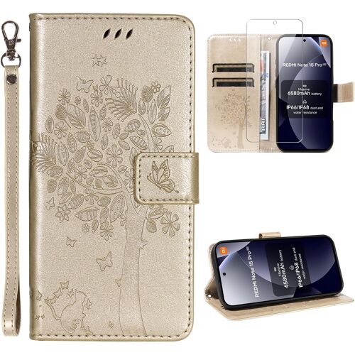 SUBZONAL-Coque Compatible avec Xiaomi Redmi Note 15 Pro 5G (Pas pour 4G) avec 1 Pièce Protection Écran en Verre Trempé, Housse Cuir PU Portefeuille, Boucle Magnétique Etui (Or)