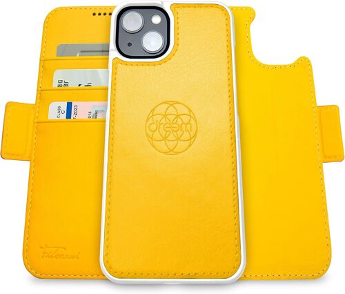 SUBZONAL-Fibonacci Compatible avec iPhone 14 Plus funda cartera / 2-en-1 étui Antichoc et Folio Amovible en Cuir végétal, Compatible MagSafe, Protection RFID Jaune