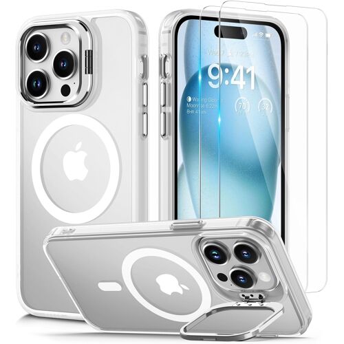 SUBZONAL-Coque pour iPhone 15 Pro avec Support et 2 Verre Trempé, Compatible avec MagSafe, Magnétique Antichoc Case de Caméra Protection, Etui Translucide Mat Arrière Housse, Blanc