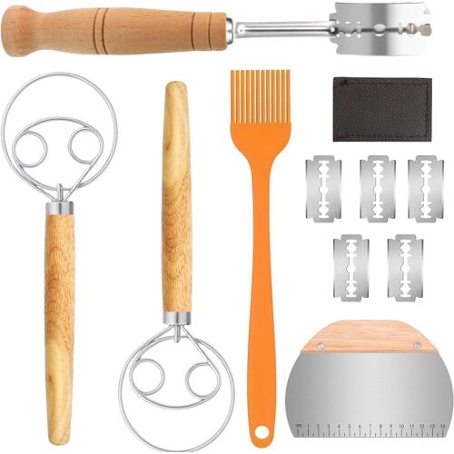 Subzonal-Accessoires Pour Le Pain Au Levain : Couteau De Boulanger (Lot De 5), Lame À Pain, Racloir À Pâte, Outil De Découpe Du Pai (Lot De 2), Fouet Danois Avec 5 Lames Et Étui De Protection En Cuir