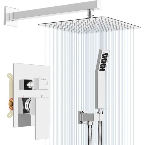 SUBZONAL-Système de Douche encastrable Chromé, Ensemble de Douche Encastré avec Tête de Douche Carrée 25 * 25cm, Set de Douche avec Pommeau de Douche, Mitigeur Douche Corps en Laiton
