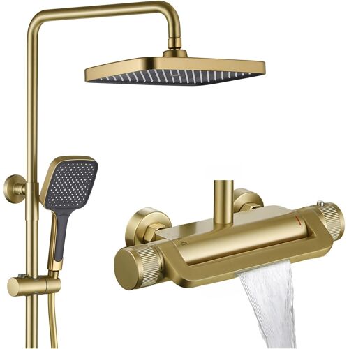 SUBZONAL-Colonne de Douche Thermostatique Dorée Ensemble Douche Mural Système de Douche 3 Fonctions Kit de Douche avec 33 * 22cm Douche de Tête, 3 Modes Pommeau de Douche, Mitigeur de Douche Cascade