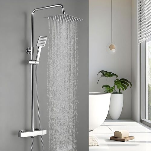 SUBZONAL-Colonne de Douche Thermostatique avec Mitigeur, Ensemble de Douche pour Salle de Bain, Carrée Système de Douche avec Pommeau de Douche, ABS Douche à Main, Réglable en Hauteur, Chromé