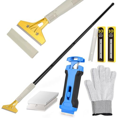 SUBZONAL-EHDIS Kit Grattoir Vitre - Grattoir 4INCH avec Long Manche(15-58INCH) et Grattoir Plaque Vitrocéramique, avec 30 Lames, pour Carrelage, Papier Peint, Colle, Miroir, La Table de Cuisson