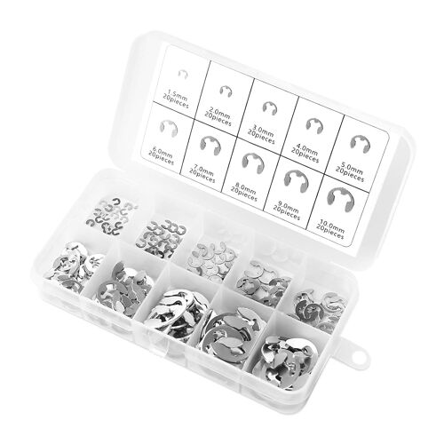 SUBZONAL-200 Pièces Circlips Interne,Acier Inoxydable E-Clip,Anneau de Circlips Interne Avec Boîte de Rangement,10 Tailles Anneaux De Retenue pour Fixer Poulies à Engrenages de Roulement