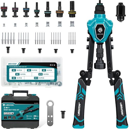 SUBZONAL-Pince à Rivet et Insert Fileté 2 en 1 Pliable, 7 Mandrins (M3-M12) & 5 Embouts (2,4-6,4mm), Inclut 70 Écrous à Sertir et 200 Rivets Pop, Outil Manuel Puissant pour Auto et Bricolage