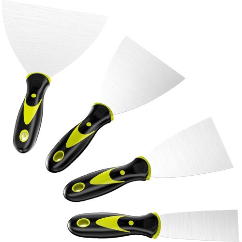 SUBZONAL-4 Pièces Couteau à Enduire, spatule peinture en Acier Inoxydable, Couteaux à Spackle avec Manche en Plastique, Spatule Enduit avec Trou de Suspension, pour Masticage, Enlever Papier Peint