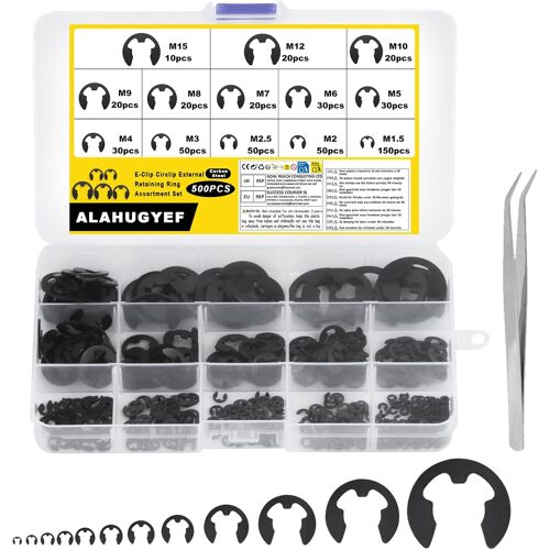 SUBZONAL-Kit, 500 Pièces Circlips E-Clip Externes, Ensemble de Bagues de Retenue à Ouverture Interne et Externe, Kit de Bagues Circlip à Ouverture E, 13 Tailles