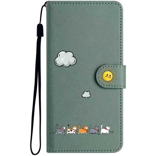 SUBZONAL-Coque pour Samsung Galaxy S23 Plus/S23+, Chat Mignon Nuage Soleil Motif Housse Case en Cuir PU à Rabat, Anti-Choc Magnétique Portefeuille Etui Folio Cover avec Fentes pour Cartes, Vert