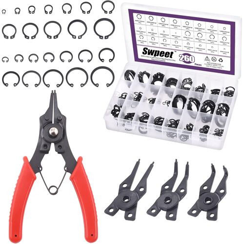 SUBZONAL-Lot de 262 pinces à circlips 4 en 1 avec 6 tailles de 4 mm à 30 mm en alliage d'acier - Anneaux de support extérieurs - Anneau de sécurité interne - Kit de clips