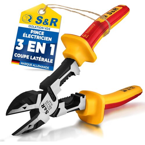 SUBZONAL-Pince d'Électricien Isolée VDE 1000V - Pince Coupante Diagonale Coupe-Cable Multifonction (coupe, dénudage et sertissage) ¿ Outil à dégainer et sértir en acier 60CrV - 220 mm
