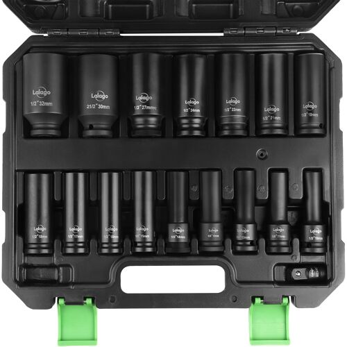 SUBZONAL-LALAGO 17 Pièces Douilles à Chocs 1/2"" 10-32 mm, Coffret de Douille Longue Hexagonales CR-V, Clés à Douille avec Adaptateur 3/8'' à 1/2'', Douilles Métriques 6 Points pour Pneumatiques et Él