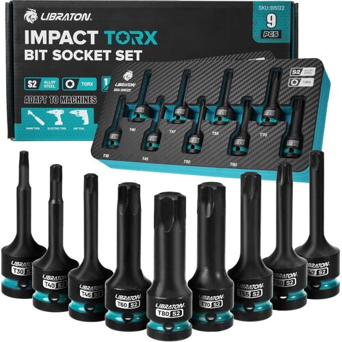 SUBZONAL-Jeu de Douilles Torx Embouts à Chocs, Entraînement 1/2"", Acier S2, Lot de 9 Douilles à Embouts Torx T30-T80, Stockage XPE, Outil de Réparation