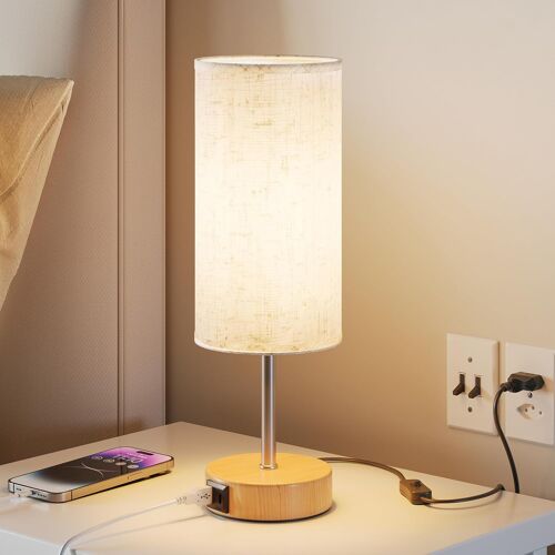 Subzonal-Lampe De Chevet Tactile Avec Ports De Charge Usb-A Et Usb-C, Lampe De Bureau, Variateur 3 Niveaux, Abat-Jour En Tissu De Lin, Petite Lampe De Table, Avec Câble De 1,5 M (Ampoule E27 Incluse)