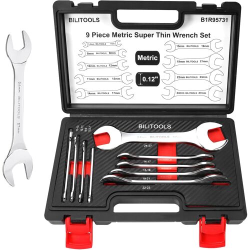 SUBZONAL-Jeu de 9 Clés Plates Extra Fines, Set de Clés à Ouverture Fine Métriques 5,5 à 27mm, Outillage Professionnel avec Boîte de Rangement, Spécial Espaces Restreints