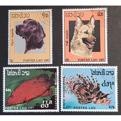 Laos Oblitéré Lot De 4 Timbres De 1987 (Chiens Et Poissons)