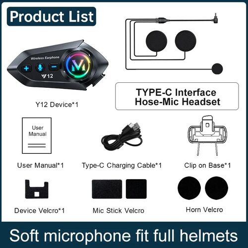 Y12 double micro casque de moto sans fil mains libres appel téléphone Kit étanche MP3 lecteur musique haut-parleur FM Radio écouteur Couleur - Single Soft Mic