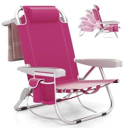 COSTWAY Chaise de Camping Pliable, 5 Positions Réglables, Appui-Tête, Poches Latérales, Porte-Serviettes, Chaise de Plage Rose