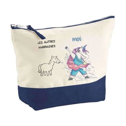 Pochette fond bleu Marraines Les Autres vs Moi - Baptême - Cadeau Marraine - Anniversaire Trousse Maquillage Grand Format
