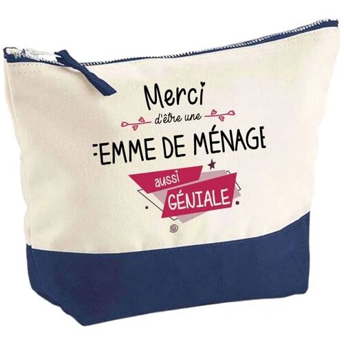 Pochette fond bleu Femme de ménage Merci Géniale - Cadeau Original - Anniversaire Trousse Maquillage Grand Format