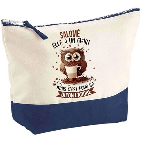 Pochette fond bleu Salomé Chouette Grain - Cadeau Original - Anniversaire - Personnalisé Trousse Maquillage Grand Format