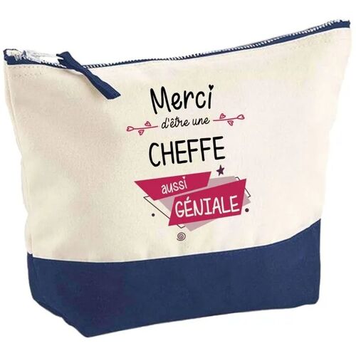 Pochette fond bleu Cheffe Merci Géniale - Cadeau Original - Anniversaire - Personnalisé Trousse Maquillage Grand Format