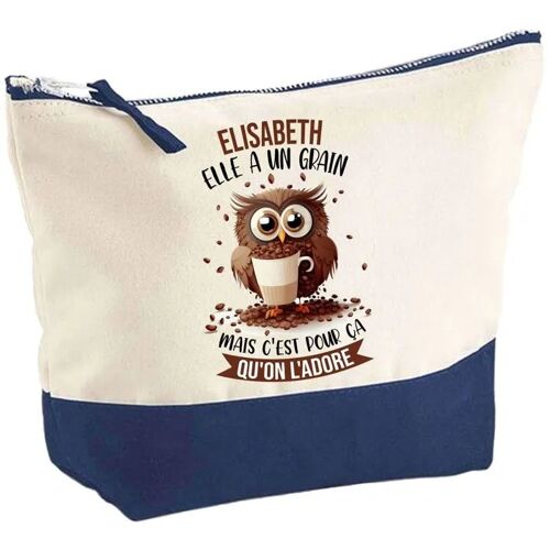 Pochette fond bleu Elisabeth Chouette Grain - Cadeau Original - Anniversaire Trousse Maquillage Grand Format