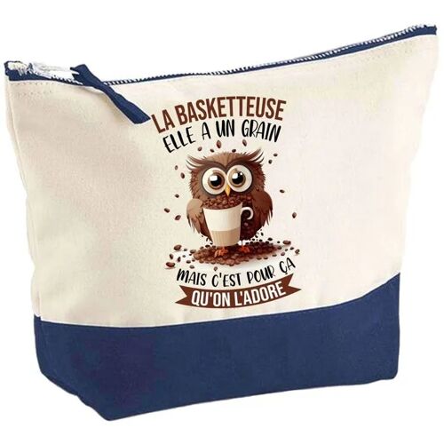 Pochette fond bleu La Basketteuse Chouette Grain - Cadeau Original - Anniversaire Trousse Maquillage Grand Format
