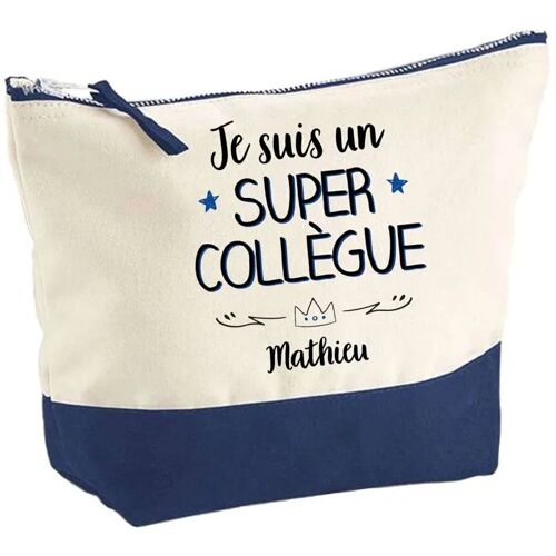 Pochette fond bleu Mathieu Super Collègue - Cadeau Original - Anniversaire - Personnalisé Trousse Maquillage Grand Format