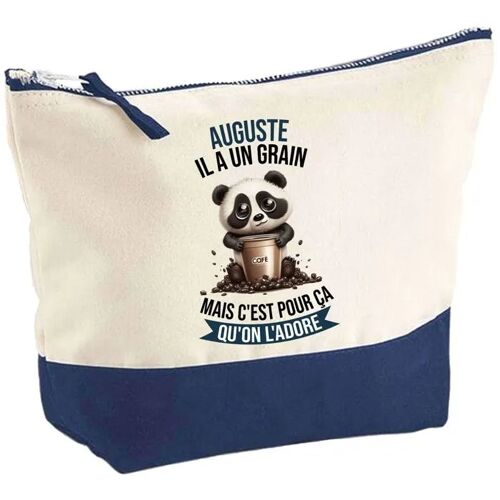 Pochette fond bleu Auguste Panda Grain - Cadeau Original - Anniversaire - Personnalisé Trousse Maquillage Grand Format
