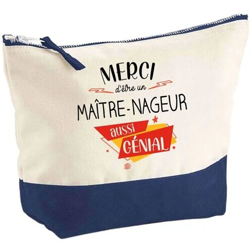 Pochette fond bleu Maître-Nageur Merci Génial - Cadeau Original - Anniversaire - Trousse Maquillage Grand Format