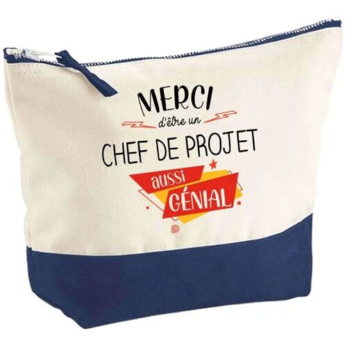 Pochette fond bleu Chef de projet Merci Génial - Cadeau Original - Anniversaire - Trousse Maquillage Grand Format