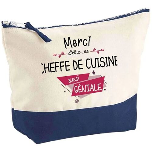 Pochette fond bleu Cheffe de Cuisine Merci Géniale - Cadeau Original - Anniversaire Trousse Maquillage Grand Format