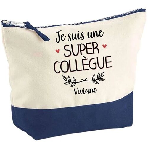 Pochette fond bleu Viviane Super Collègue - Cadeau Original - Anniversaire - Personnalisé Trousse Maquillage Grand Format