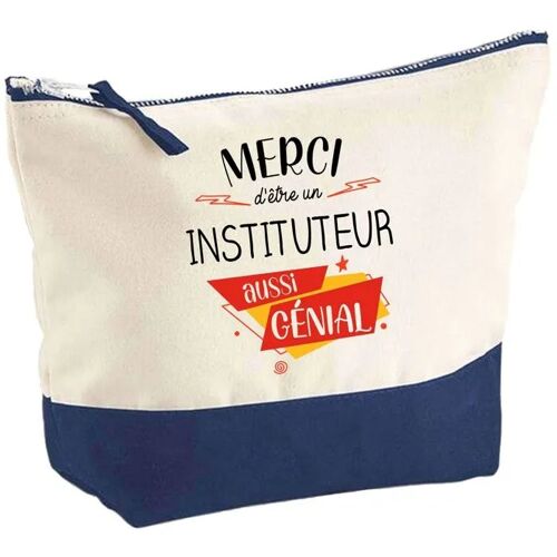 Pochette fond bleu Instituteur Merci Génial - Cadeau Original - Anniversaire - Trousse Maquillage Grand Format