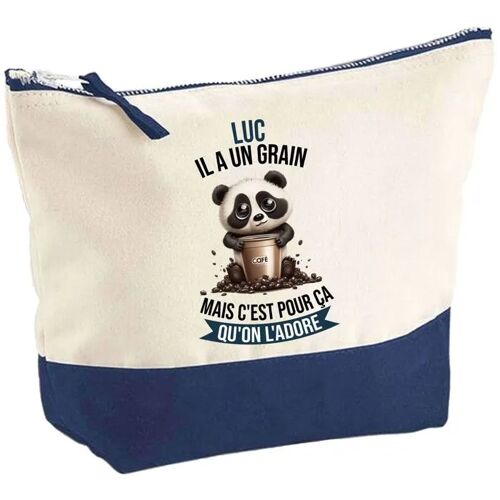Pochette fond bleu Luc Panda Grain - Cadeau Original - Anniversaire - Personnalisé Trousse Maquillage Grand Format