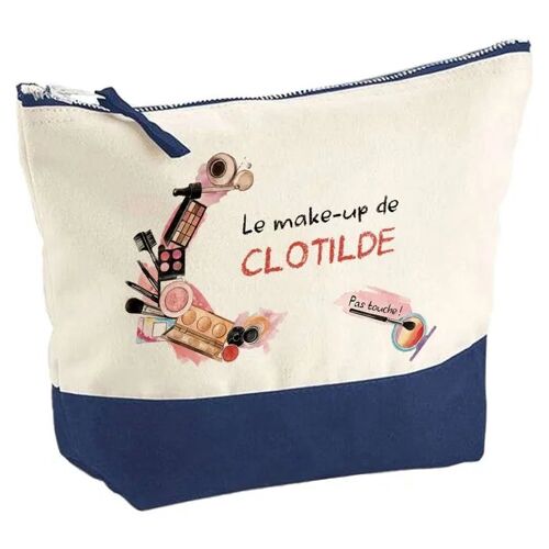 Pochette fond bleu Clotilde Mon make-up - Cadeau Original - Anniversaire - Personnalisé Trousse Maquillage Grand Format