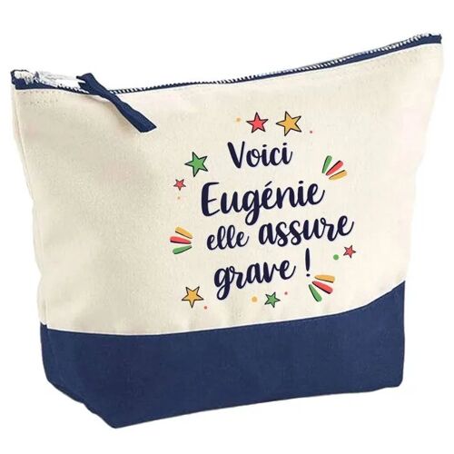 Pochette fond bleu Eugénie elle assure grave - Cadeau Original - Anniversaire - Trousse Maquillage Grand Format