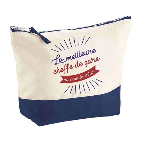 Pochette fond bleu Meilleure cheffe de gare du monde - Cadeau Original - Anniversaire Trousse Maquillage Grand Format