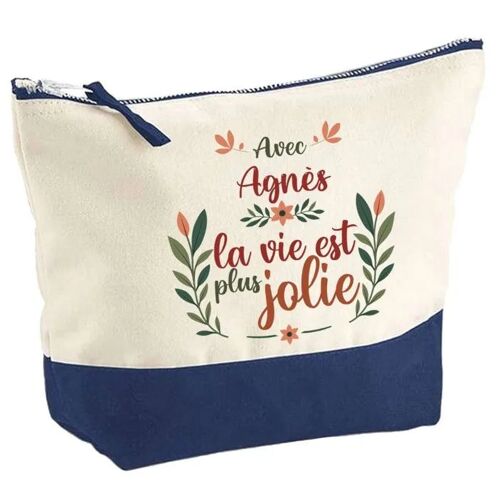 Pochette fond bleu Agnès la vie est plus jolie - Cadeau Original - Anniversaire - Trousse Maquillage Grand Format