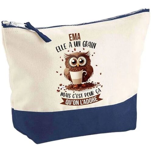 Pochette fond bleu Ema Chouette Grain - Cadeau Original - Anniversaire - Personnalisé Trousse Maquillage Grand Format