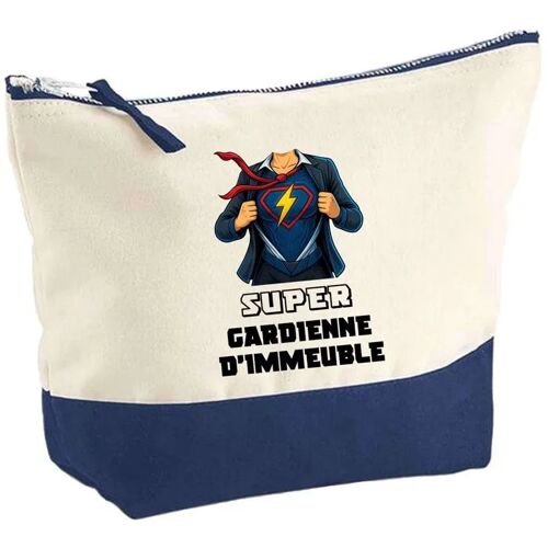 Pochette fond bleu Super Gardienne D'Immeuble Femme - Cadeau Original - Anniversaire Trousse Maquillage Grand Format