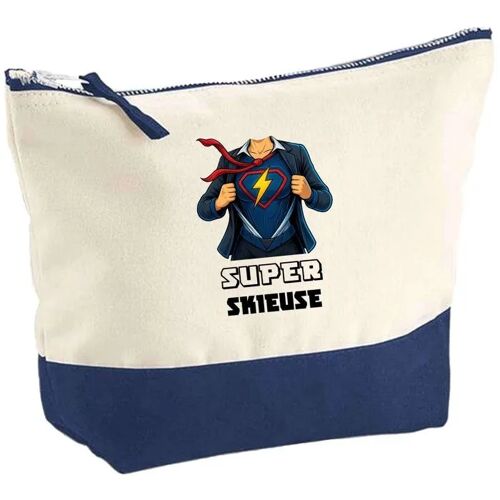 Pochette fond bleu Super Skieuse Femme - Cadeau Original - Anniversaire - Personnalisé Trousse Maquillage Grand Format