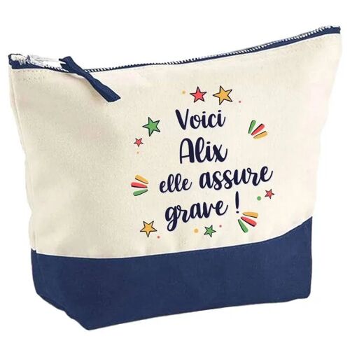 Pochette fond bleu Alix elle assure grave - Cadeau Original - Anniversaire - Personnalisé Trousse Maquillage Grand Format